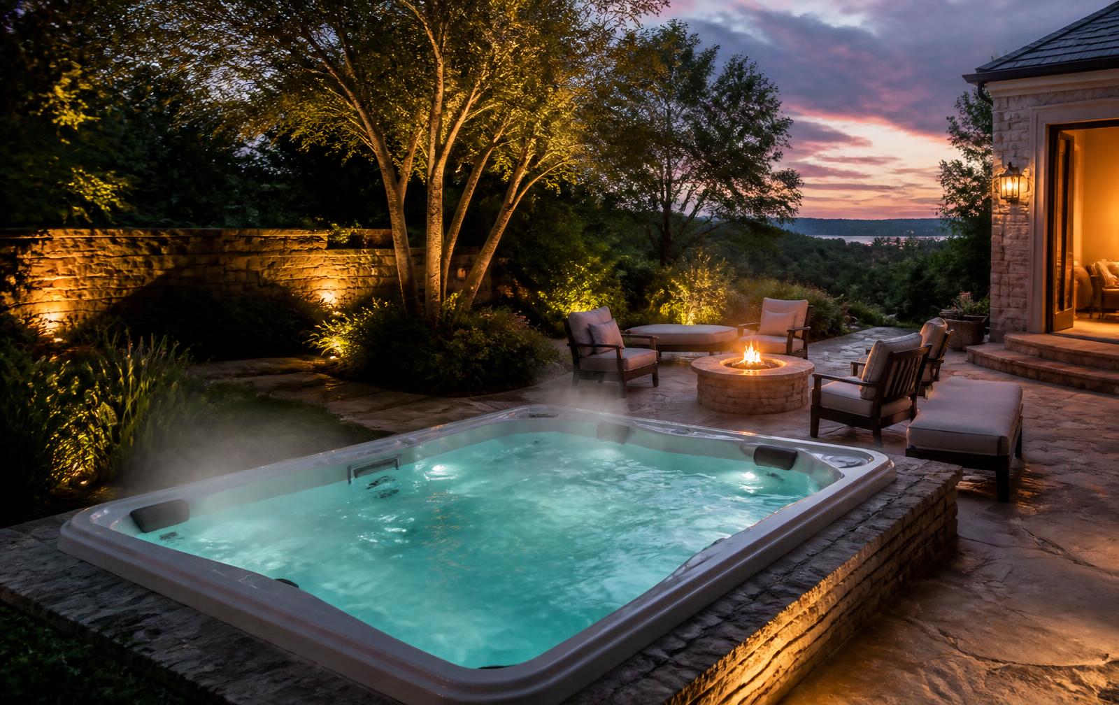 Luxury backyard hot tub glowing at dusk